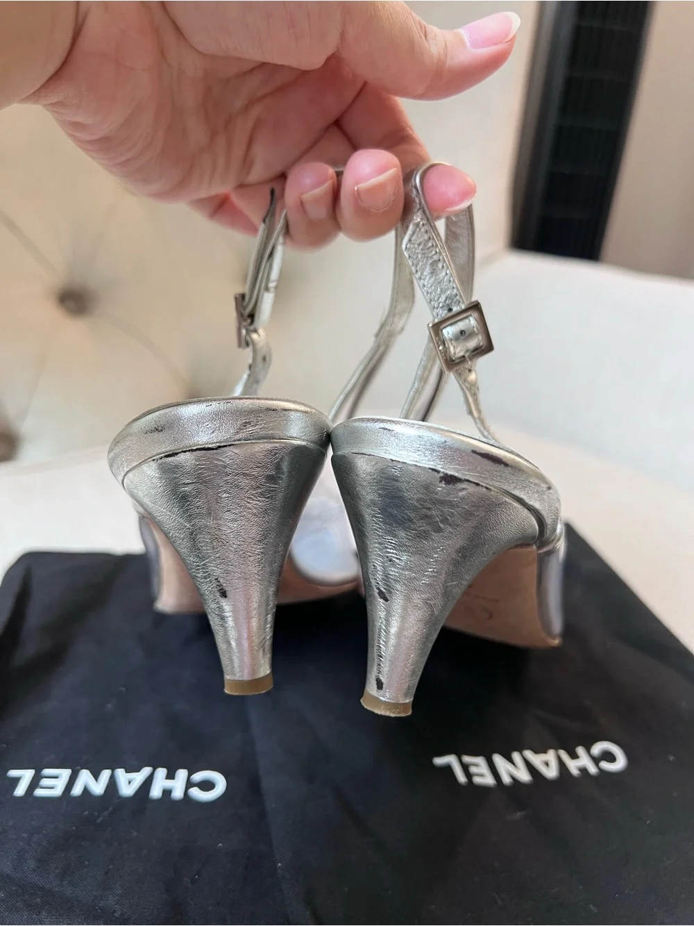 Chanel Silver Cap-Toe Slingback Ballet cat heel